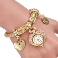 Golden heart-shaped quartz watch with diamond-encrusted bezel and charms on mesh bracelet - Gold
