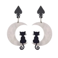Halloween black cat and moon acrylic earrings with heart studs and white pearlescent charms - Black Cat and White Moon