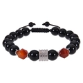 Men's 10mm stainless steel bracelet with black beads and reddish-brown faceted stones - 10mm / Faceted Red Agate + Obsidian