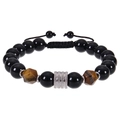 Braided 10mm bracelet with black agate, tiger eye stones and silver metal beads - 10mm / Faceted Tiger Eye + Obsidian