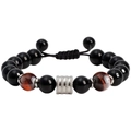 10mm zwarte onyx en tijgeroog kralenarmband met zilveren cilinder accent - Verstelbare Gevlochten Stijl / Gevlochten Rode Tijgeroog + Obsidiaan Armband