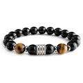 Heren armband 10mm tijgeroog en obsidiaan kralen met zilveren strass middenstuk - Elastisch Koord Stijl / Tijgeroog & Obsidiaan Armband