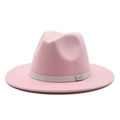 Classic pink wool fedora hat for men and women with white leather band and metal buckle - M (56-58cm) / Pink