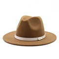 Close-up of dark brown wool fedora hat featuring a beige band and La Rose metal plaque - M (56-58cm) / Light Coffee
