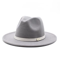 Detailed view of the gray wool fedora featuring a cream leather band and gold metal logo - M (56-58cm) / Light Gray