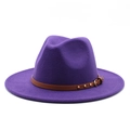 Detail of purple wool fedora hat featuring a brown leather band with gold metal studs - M (56-58cm) / Purple
