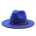 Detail of royal blue fedora hat featuring a brown leather band with gold metal studs - M (56-58cm) / Sapphire Blue