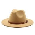 Detail of khaki wool fedora hat with brown leather band and gold rivet accents - M (56-58cm) / Camel
