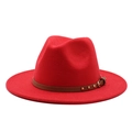 Red wool felt fedora hat with flat brim and studded leather belt for men and women - M (56-58cm) / Red