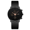 Men's fashion black quartz watch with triple sub-dials and metal mesh band strap - Rose Gold Hands Black Strap