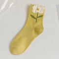 Sweet yellow mid-calf socks featuring a cute white daisy floral knit pattern - Yellow