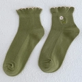 Green cotton short socks for women with delicate flower embroidery and ruffle edge - Matcha Green
