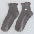Japanese style grey cotton socks featuring ruffle cuffs and delicate flower embroidery - Gray Purple