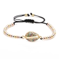 Mixed gold-tone beaded bracelet with colorful zircon shell charm and black woven cord - Multi-color Zircon Shell