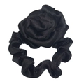 Elegant black satin rose scrunchie with a large fabric flower and elastic hair tie - Classic Black
