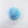 Detailed view of a blue 6cm crinkle ball cat toy with shiny rainbow tinsel strands - Light Blue + Iridescent