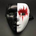Detail of hand-painted black and white masquerade mask with red flame patterns on the eye - Yin Yang Grim Reaper Red