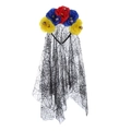 Dettaglio cerchietto di Halloween con fiori colorati, teschi e velo a ragnatela nero - Rosso Blu e Giallo