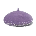 Purple wool beret with pearl and rhinestone embellishments, minimalist front view - Purple