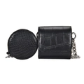 Zwarte crossbodytas met krokodillentextuur, ronde portemonnee en zilveren ketting - Zwart