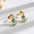 Golden fishtail earrings with iridescent moonstone and blue zircon crystals - Blue Green Gemstone Opal Style (923-3#)
