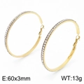 Detail shot of 60mm gold hoop earrings with white rhinestones and dimensions text - 60x3mm / Gold