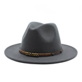 Close-up of gray wool fedora hat with braided leather band and vintage metallic beads - Dark Gray
