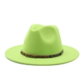 Neon green wide brim wool fedora hat with vintage studded brown leather band decoration - Fluorescent Green