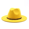 Sombrero fedora clásico de lana amarillo con ala plana y banda de cuero con cuentas - M (56-58cm) / Amarillo