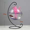 Hanging glass fish bowl with black metal stand, 23cm height, including decor accessories - Black Stand/Wide Mouth Bowl (Size M)/With Decor