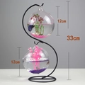 Hanging glass fish bowl with dual 12cm spheres and 33cm black S-shaped metal stand - S-Type Black Stand/Round & Wide Mouth Bowl Combo/With Decor