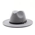 Close-up of a grey wool fedora featuring a black ribbon band and interlocking silver rings - M (56-58cm) / Top Hat / Light Gray