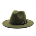 Detail view of dark green wool fedora hat with silver metal rings on black decorative band - M (56-58cm) / Top Hat / Army Green