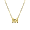 Close-up of golden letter M pendant on a delicate sterling silver chain necklace - Letter M / Gold