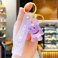 Purple crystal French Bulldog keychain with translucent silicone strap and gold metal ring - Purple