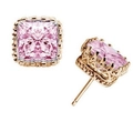 Detail of princess cut pink crystal crown earrings in rose gold setting with bead border - 6mm / Gold / Pink