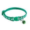 Green nylon pet collar with white paw prints and bell on a clean white background - Dark Green