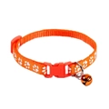 Detail of orange nylon pet collar with paw prints, safety buckle, and metal bell - Orange