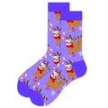 Detailed view of purple Christmas sloth socks with festive motifs and snowflake patterns - Purple Sloth Tree