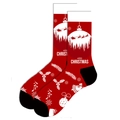 Close-up of red Christmas socks with Merry Christmas text and reindeer holiday pattern - Flying Elk with Baubles