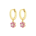 Elegant gold hoop earrings with pink flower charms and sparkling zircon stones - Gold-Pink Petal