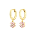 Detailed shot of gold hoop earrings with pink flower zircon pendants on white background - Gold with Pink & White Flower Drop Earring