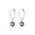Detail of silver flower drop earrings featuring purple and clear zircon crystals - Silver with Purple Flower Drop Earring