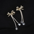 Elegant gold bow earrings with micro-set zircon and long water drop tassels - Gold