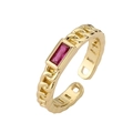 Anillo de cadena cubana dorada con una piedra de circón rectangular rojo rosa - Abierto Ajustable / Estilo de Cadena Cubana con Rubí (CR0211)