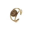 Detail of adjustable gold ring featuring a St. Benedict coin and white micro-zirconia - Adjustable Open / Saint Benedict White Zircon Style (CR0534)