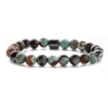 Detailed close-up of beaded bracelet with tiger eye, malachite, and volcanic stone - Green Agate