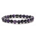 Men's 8mm beaded bracelet with purple turquoise, black stone, and grey cylinder bead - Purple Agate