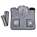 Close-up of gray absorbent pet bathrobe with hood, black trim and white paw print detail - XS / Hooded with Pockets / Gray