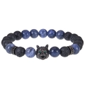 Macro detail of 8mm blue tiger eye beads and black wolf head charm with green eyes - Blue Sodalite